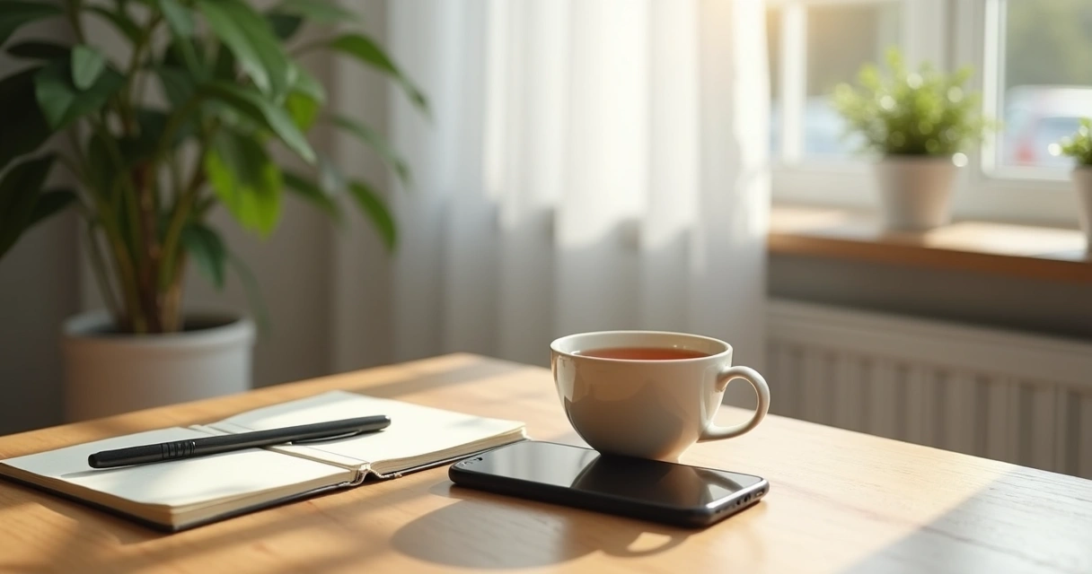 Cuaderno, taza y teléfono boca abajo sobre una mesa tranquila 