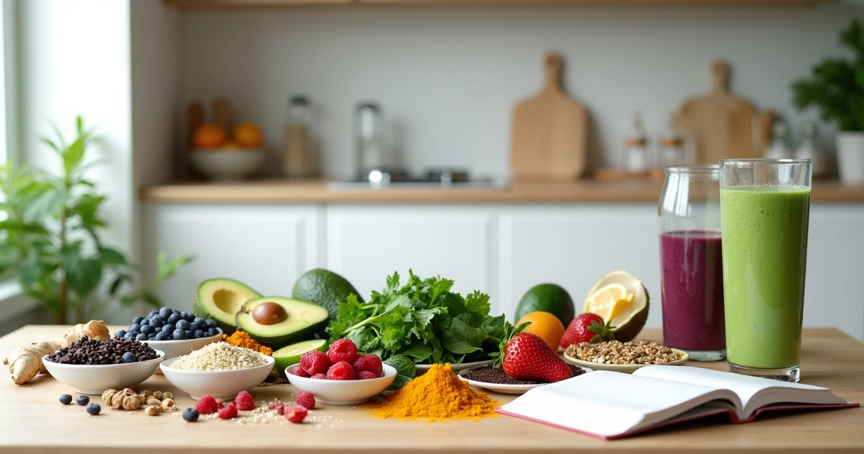 Variedade de superalimentos coloridos organizados em mesa de cozinha moderna 