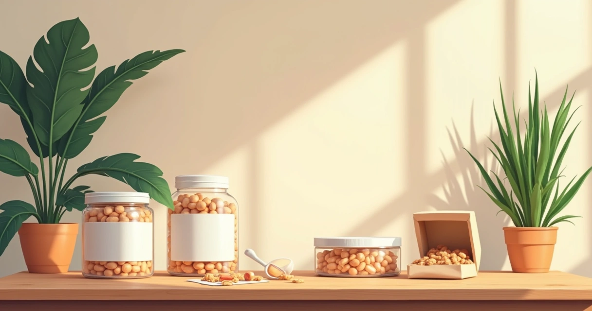 Ilustração de mesa com suplementos: proteínas em pó, cápsulas e barra de proteína em ambiente suave.