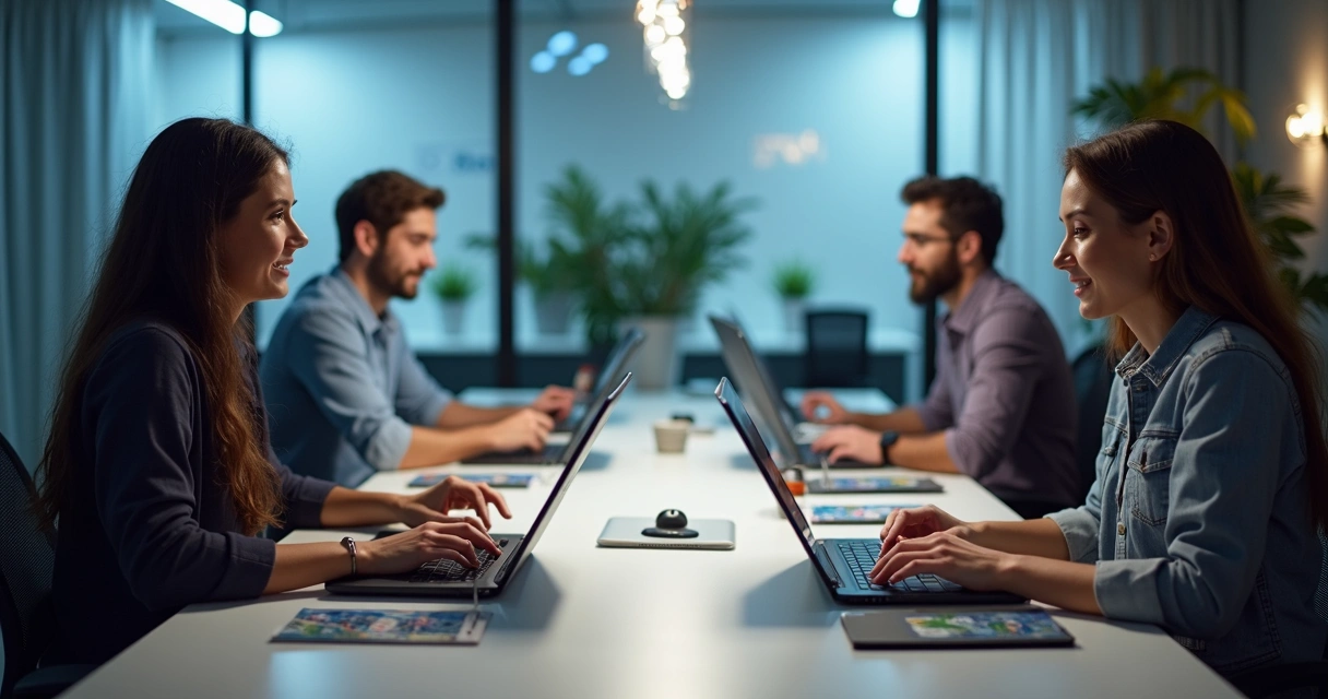 Equipe de suporte técnico em mesa com computadores e painéis de automação 