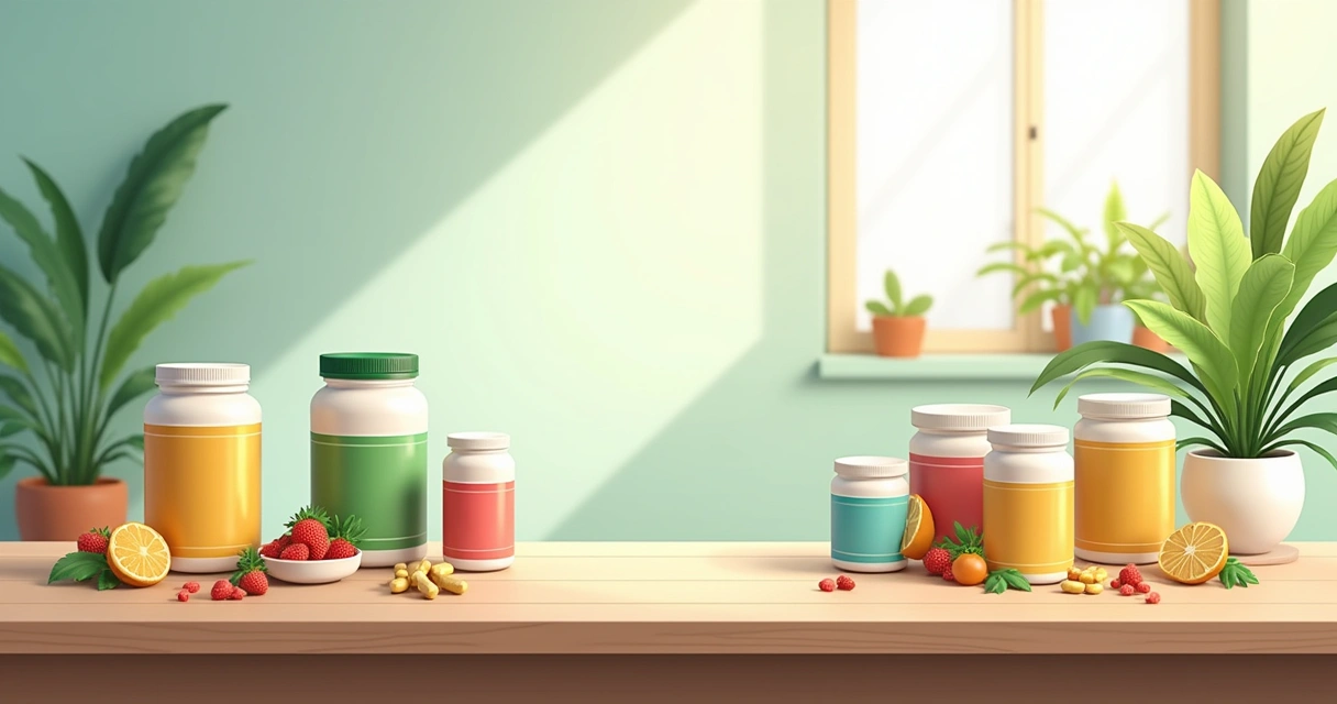 Mesa de madeira com frascos de suplementos variados, tabela nutricional, ambiente de cozinha claro.