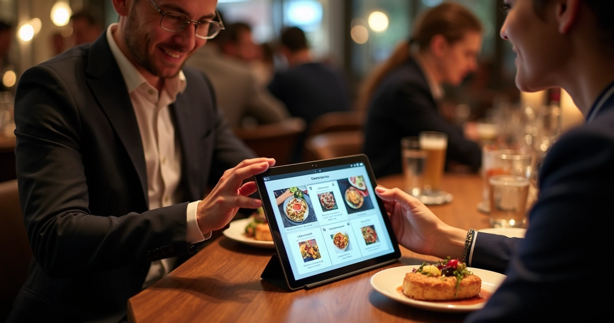 Clientes usando tablet com cardápio digital na mesa de bar 