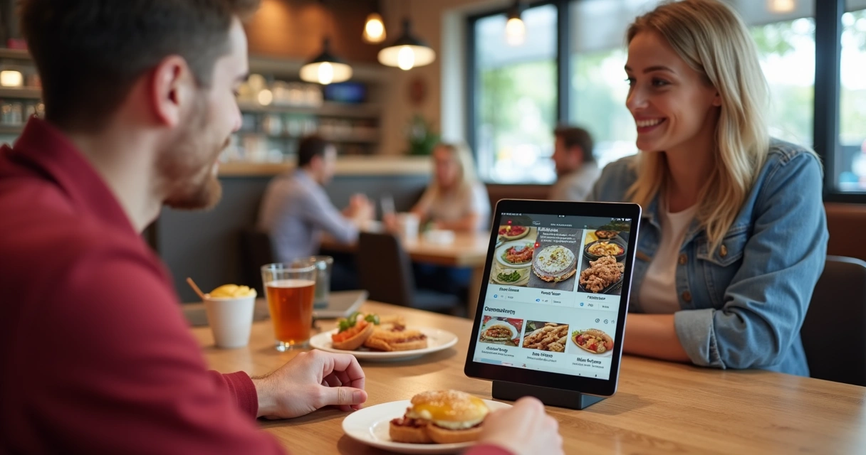 Tablet de autoatendimento na mesa de restaurante com clientes usando 