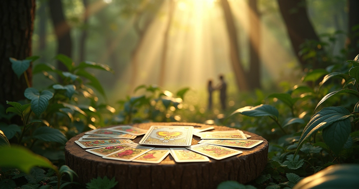Imagem de uma mesa de madeira no bosque com cartas de tarô, incluindo a Rainha de Copas, refletindo autoconhecimento.