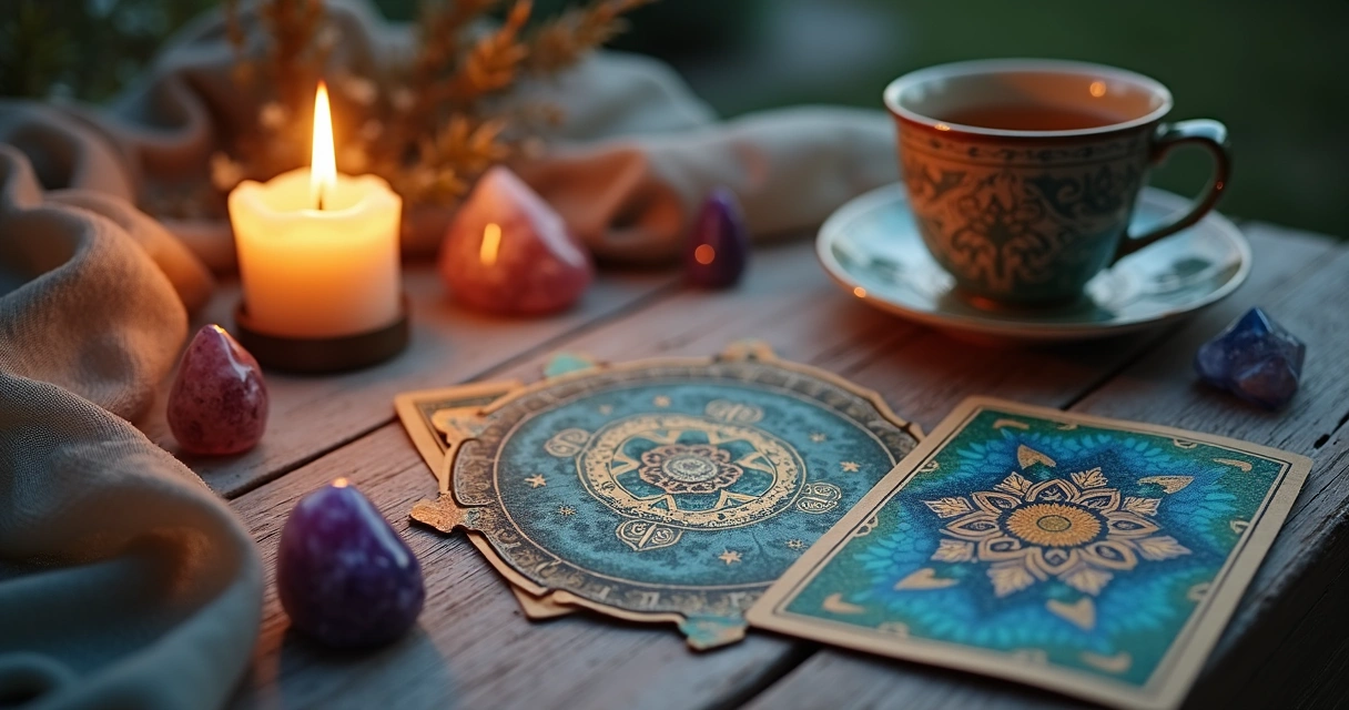 Mesa de tarô com cartas, cristais e vela acesa 