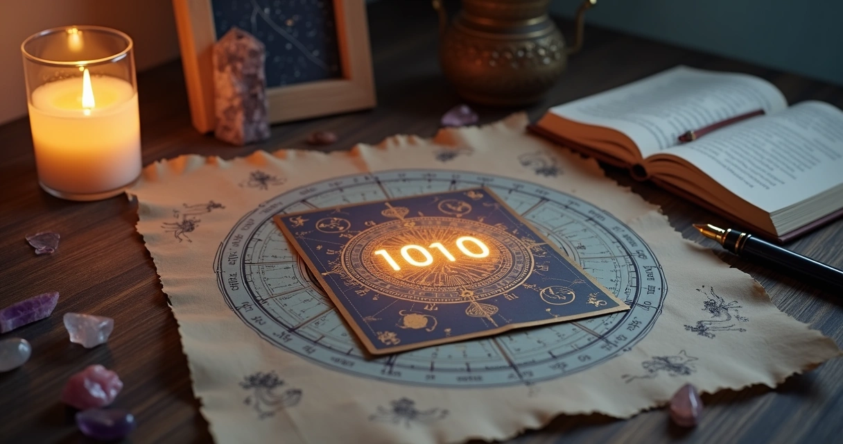 Número 1010 desenhado em carta entre mapa astral e cristais sobre mesa escura 