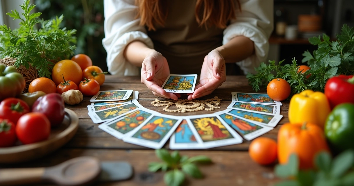 Mesa de madeira com cartas de tarot e ingredientes frescos ao redor 