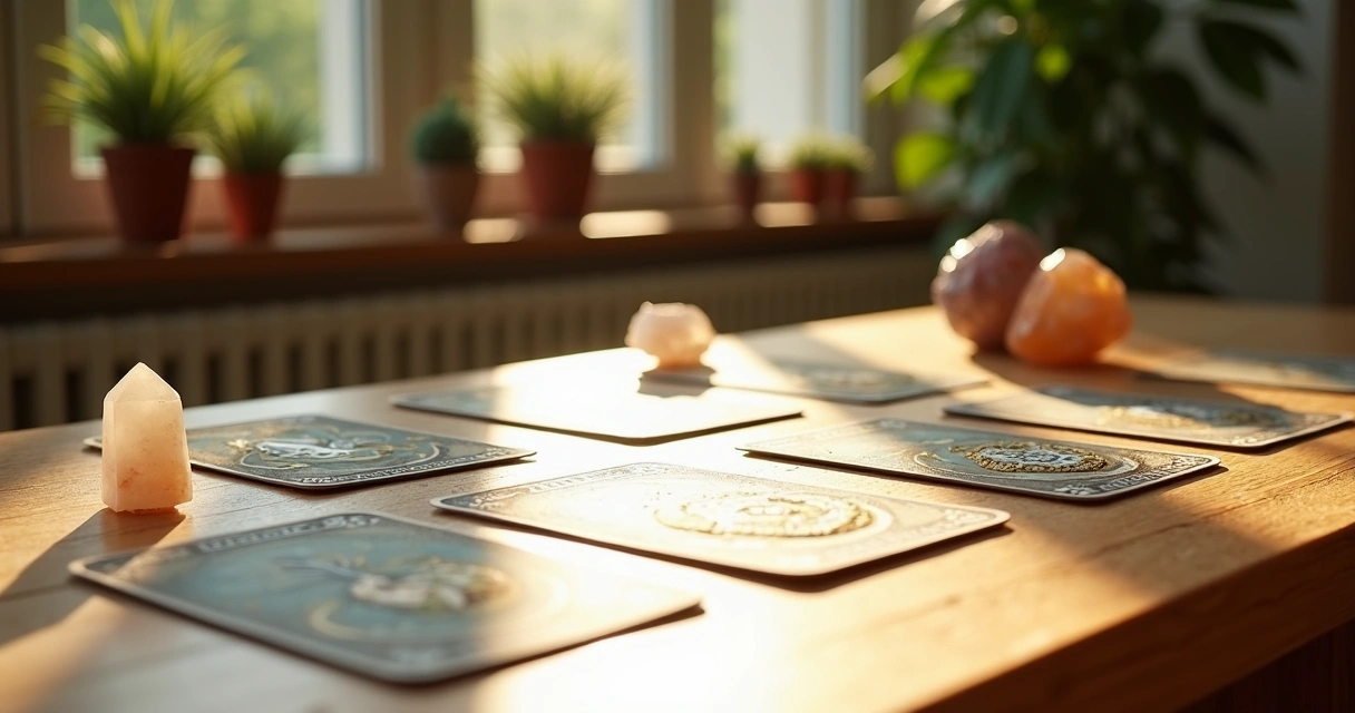 Cartas de tarot dispostas sobre uma mesa clara com cristais ao redor 