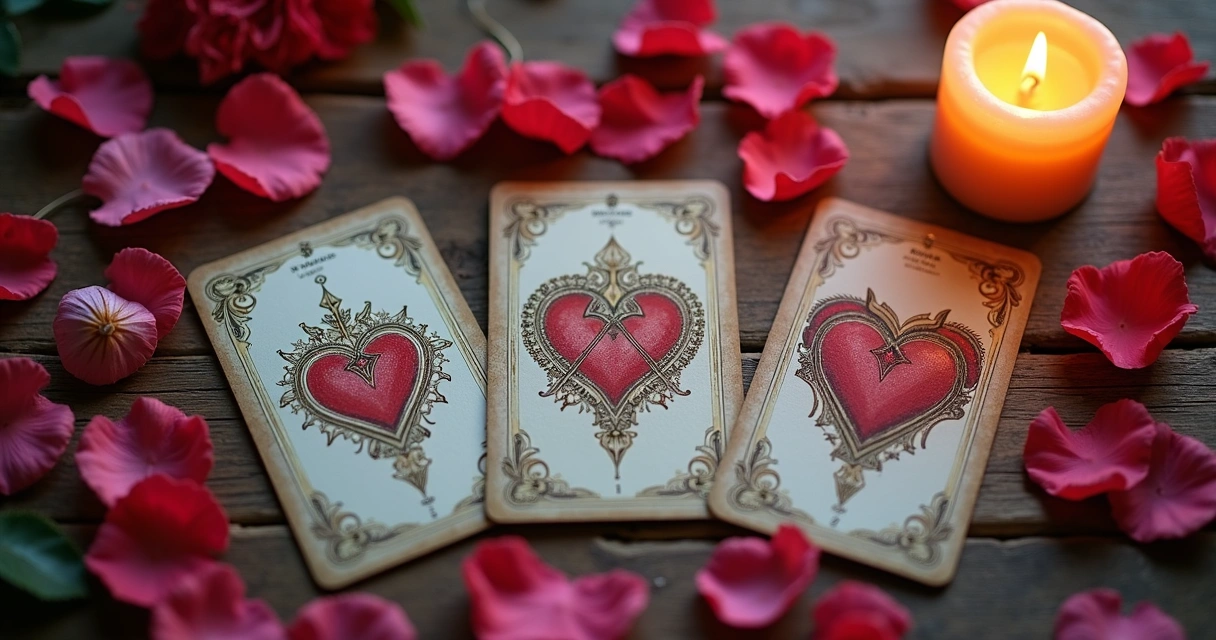 Cartas de tarot sobre mesa decorada com símbolos do amor 