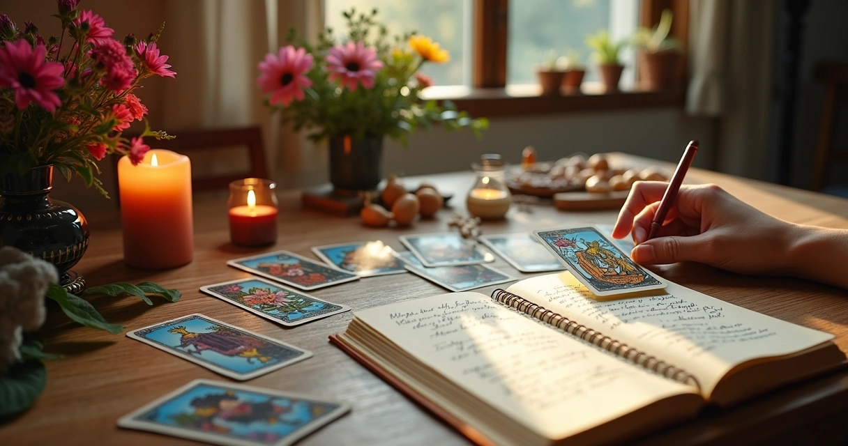 Cartas de tarot dispostas sobre uma mesa decorada ao lado de vela acesa e flores 