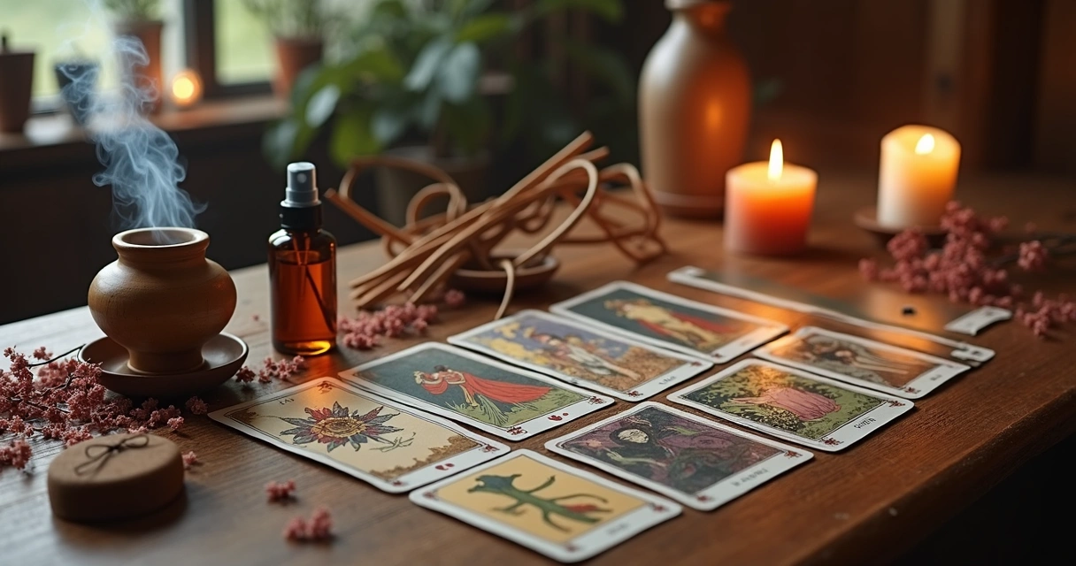 Mesa de tarot com cartas, óleos aromáticos e velas acesas 