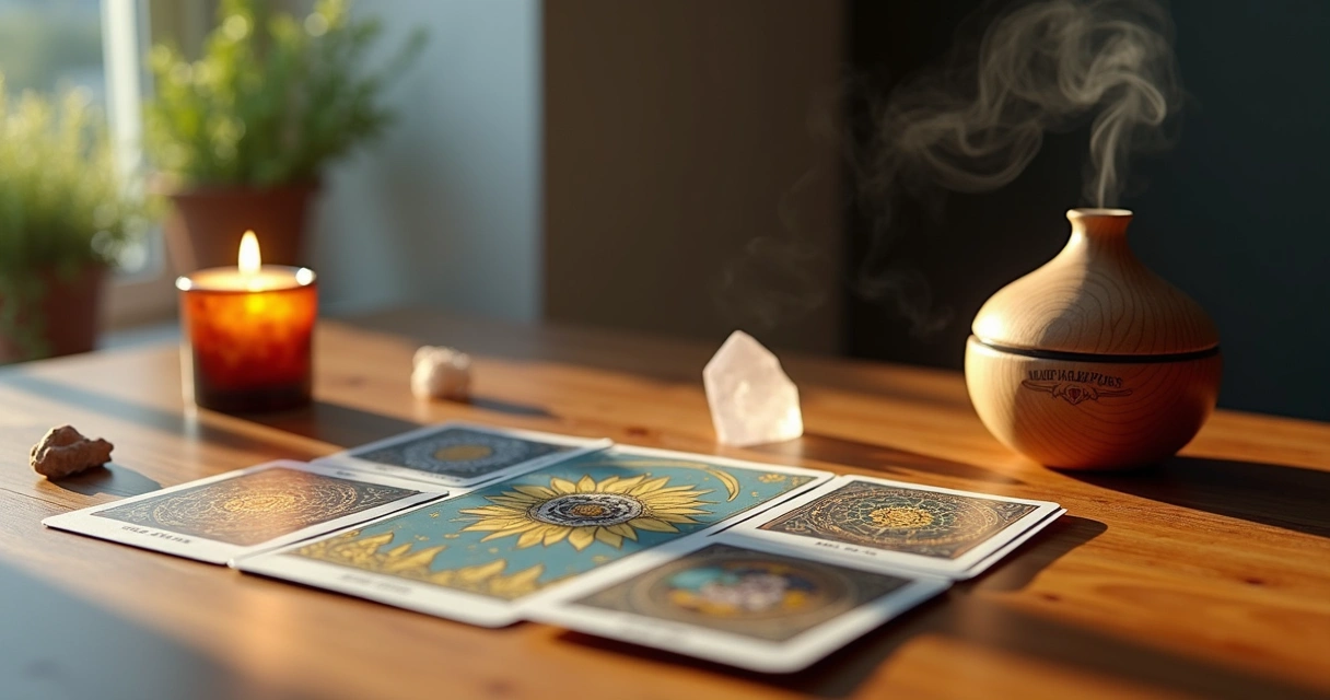 Mesa de tarot com cartas, cristal e difusor de aromas 