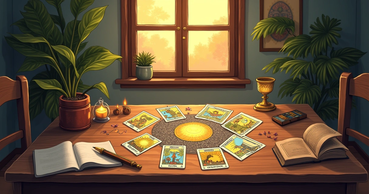 Mesa de madeira com cartas de tarot abertas, vela acesa e caderno, simbolizando autoconhecimento e introspecção.