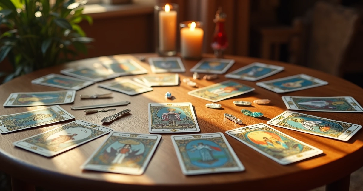 Mesa com cartas de Tarot dispostas em círculo 