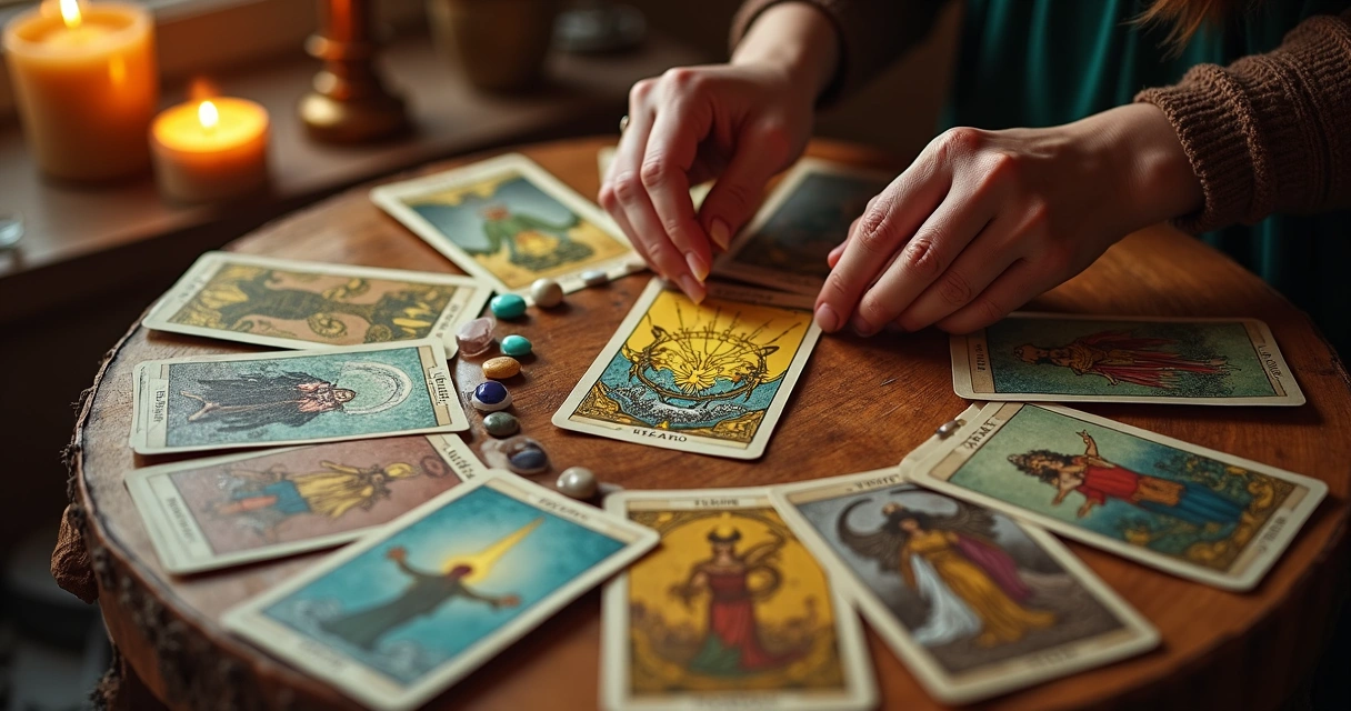 Mesa com várias cartas de tarot dispostas em círculo, mostrando diferentes arcanos. 