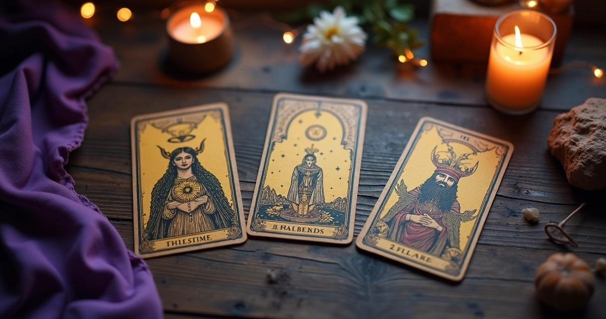 Cartas de tarot dispostas em uma mesa de madeira 