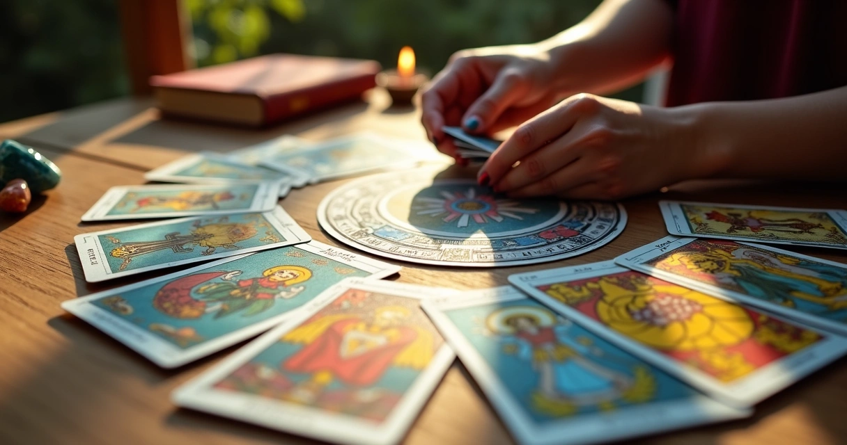Mesa de madeira com cartas de tarot coloridas espalhadas e uma mão feminina embaralhando cartas 