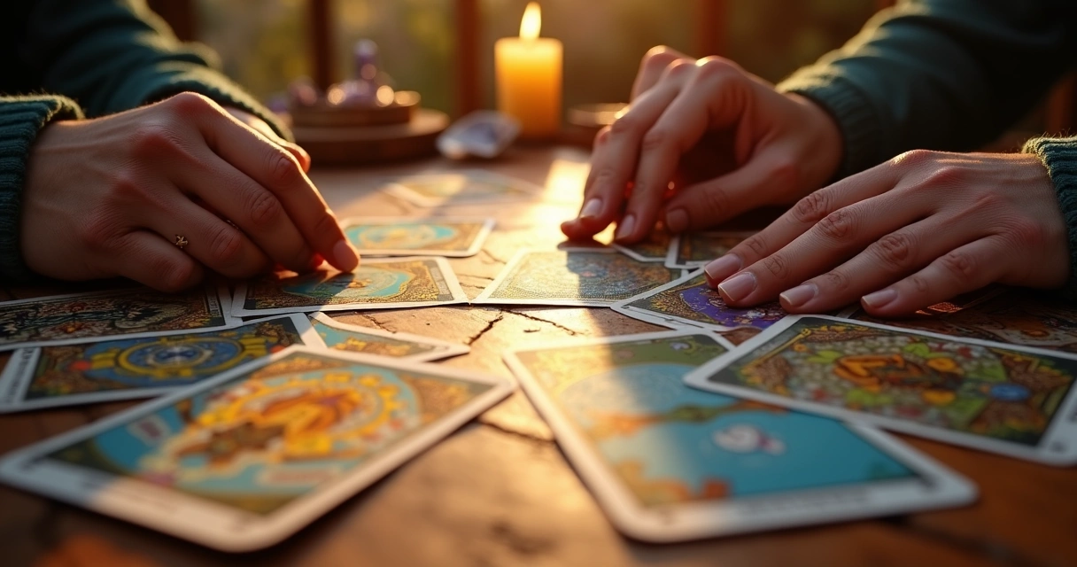 Mesa de tarot com cartas coloridas abertas em leque