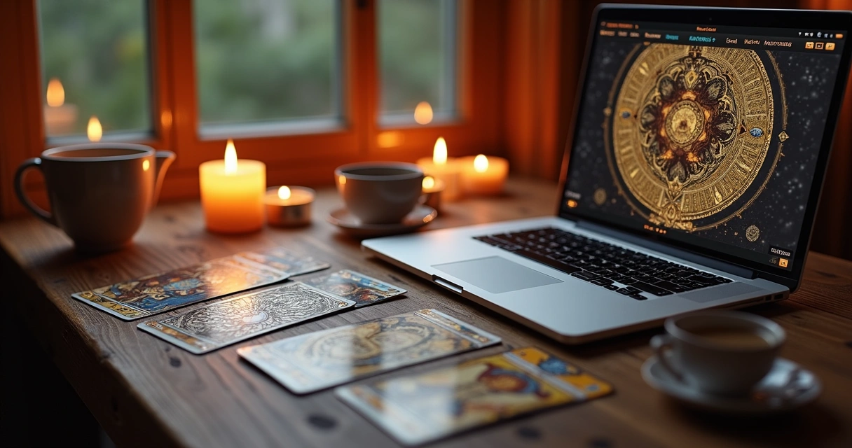 Cartas de Tarot espalhadas em uma mesa ao lado de um computador 