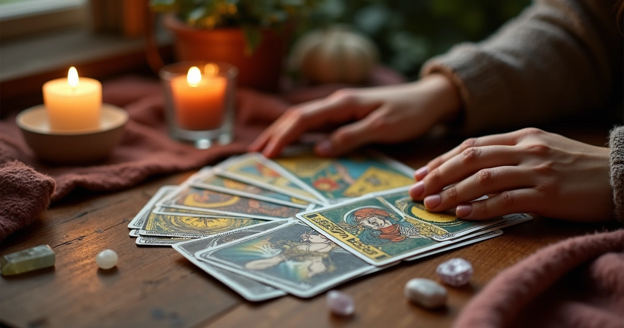 Baralho de tarot em mesa com cristais ao lado 