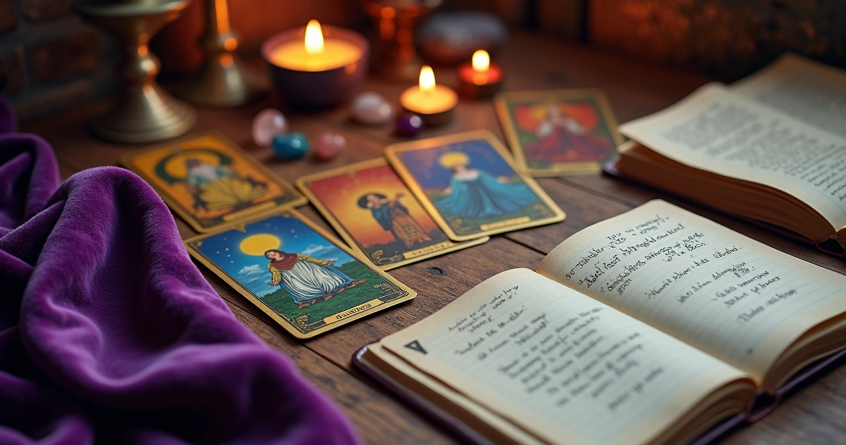Cartas de tarot espalhadas em mesa de madeira com detalhes coloridos 