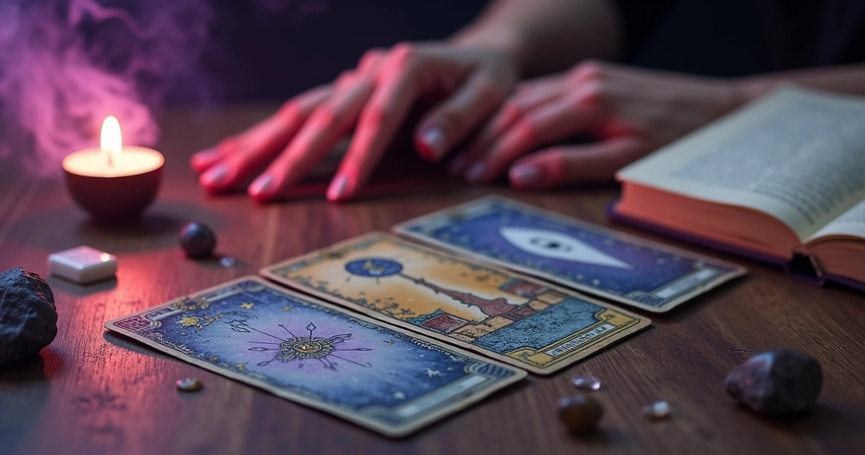 Três cartas de tarot dispostas em mesa de madeira, com mãos femininas ao redor 