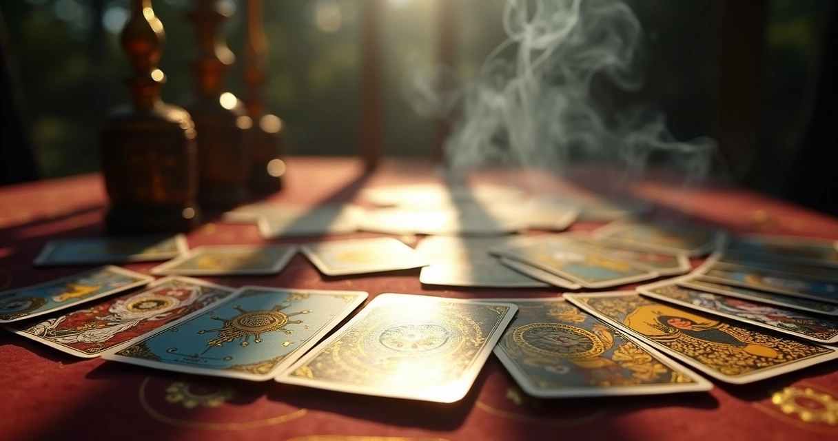 Mesa de Tarot com cartas espalhadas, mostrando luz e sombra 