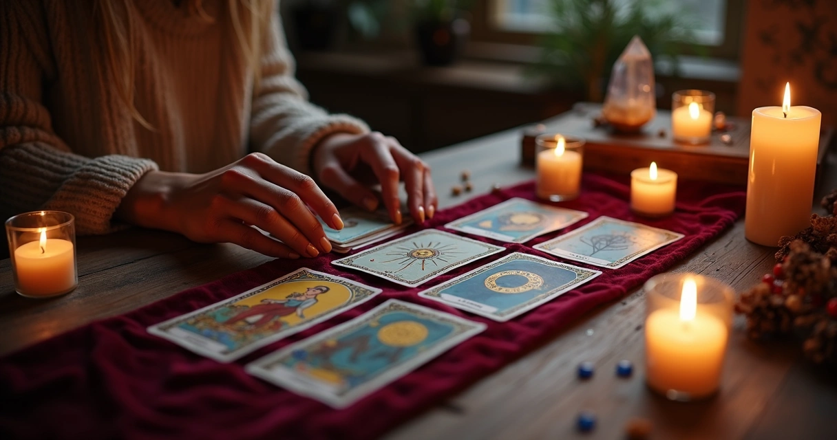 Mesa de tarot com cartas e velas acesas 