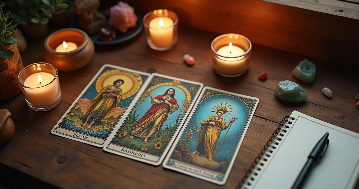 Cartas de tarot sobre uma mesa com velas acesas 