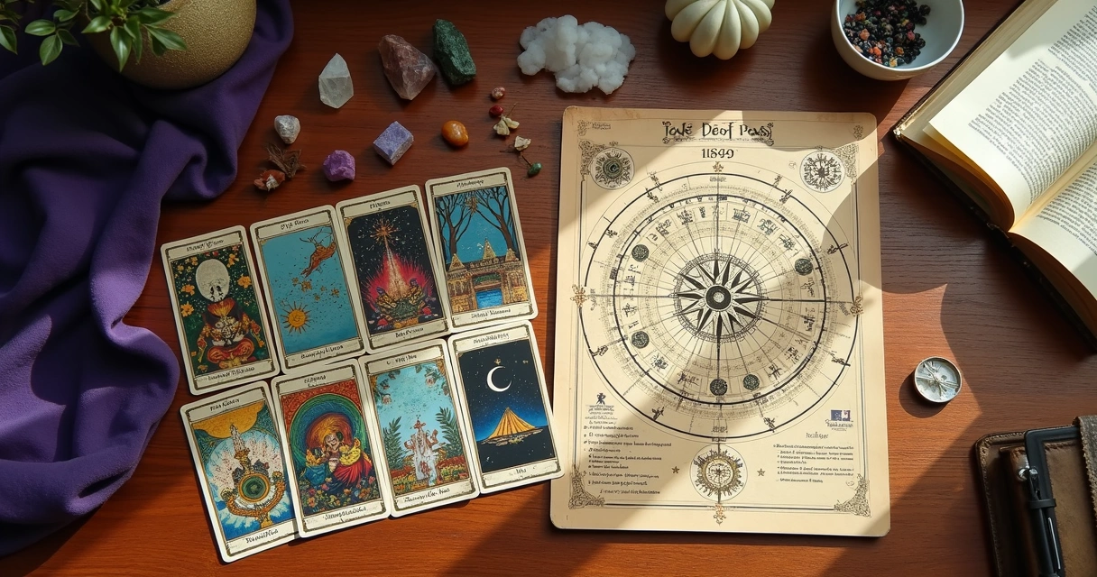 Mesa de tarot e mapa astrológico juntos sobre uma mesa de madeira 