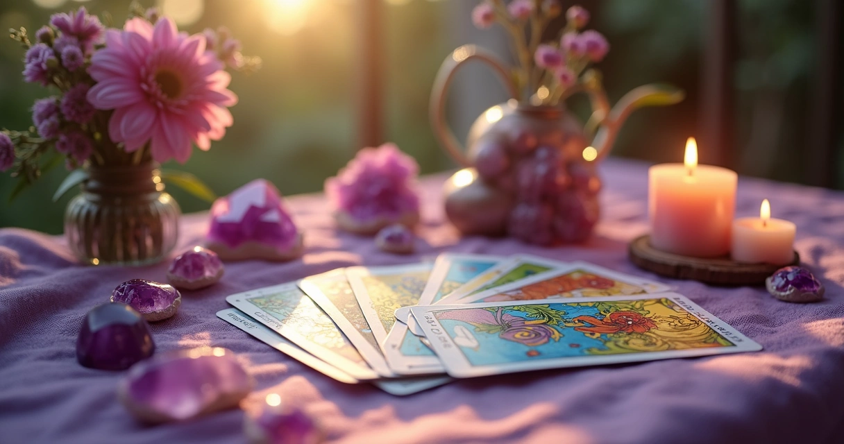 Mesa de tarô com cartas coloridas e cristais 