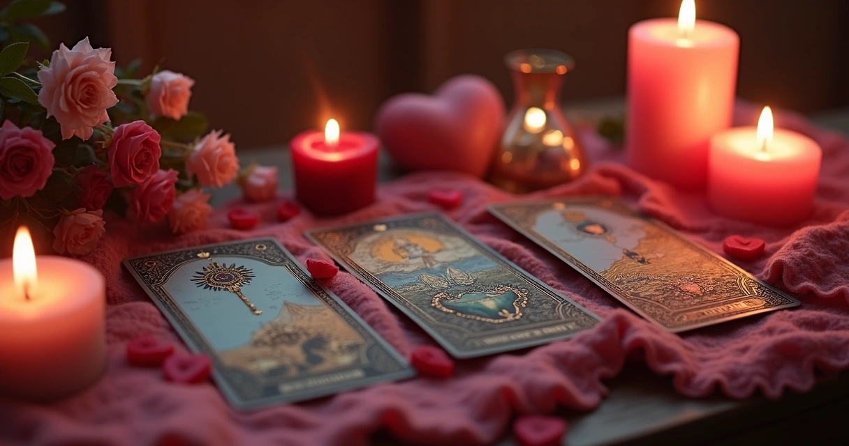 Mesa de tarot com três cartas dispostas para leitura amorosa 