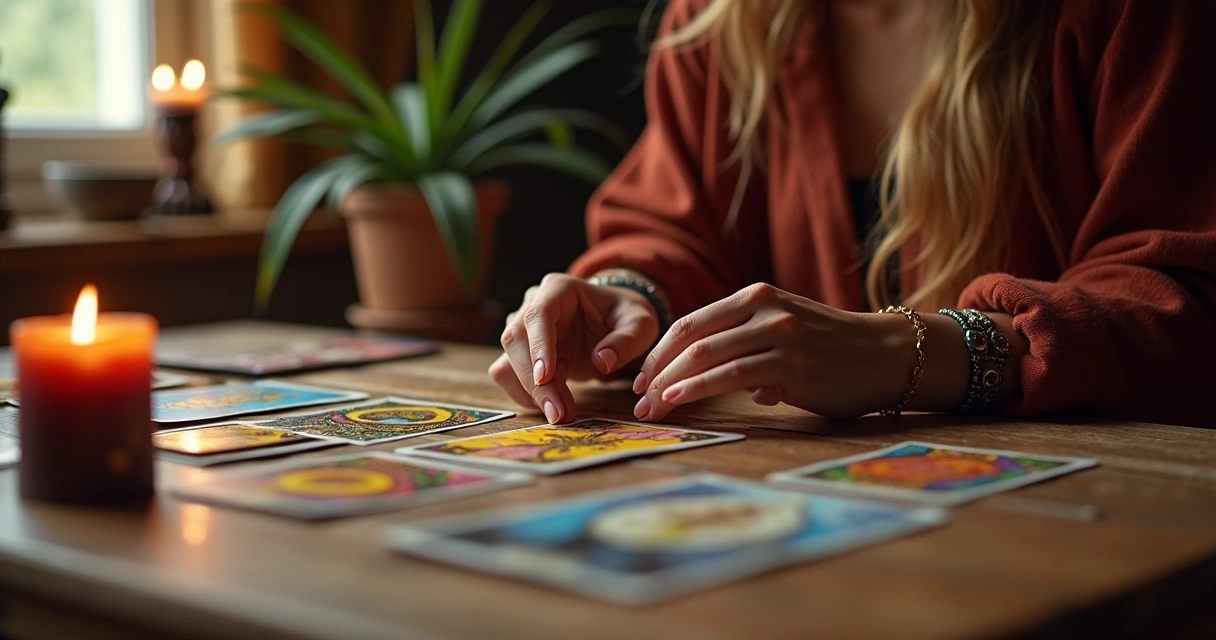 Mesa com cartas de tarot, vela acesa e mãos femininas concentradas para leitura