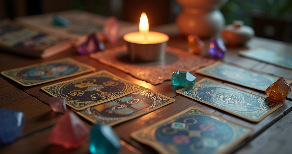 Mesa com cartas de tarot, cristais e incensos acesos em ambiente acolhedor