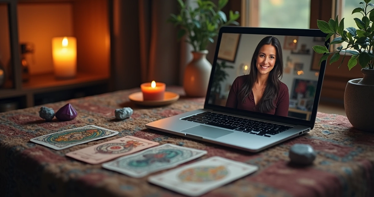 Mesa de tarot com cartas e cristais em ambiente acolhedor, tela de computador mostrando consulta virtual 