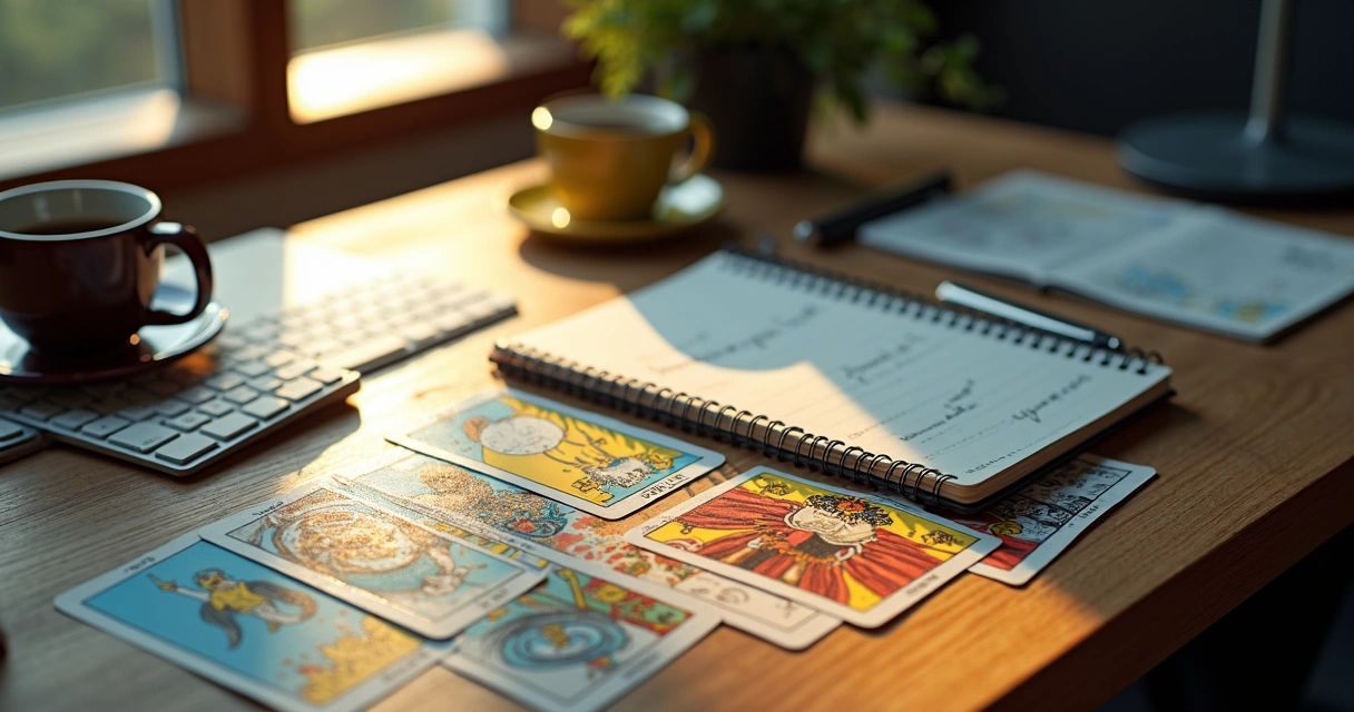 Cartas de tarot distribuídas em uma mesa de escritório 