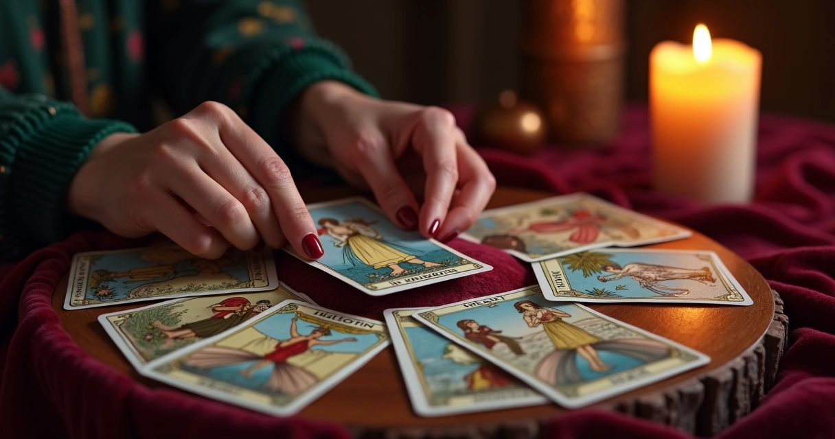 Cartas de tarot dispostas em uma mesa de veludo vermelho com luz suave 