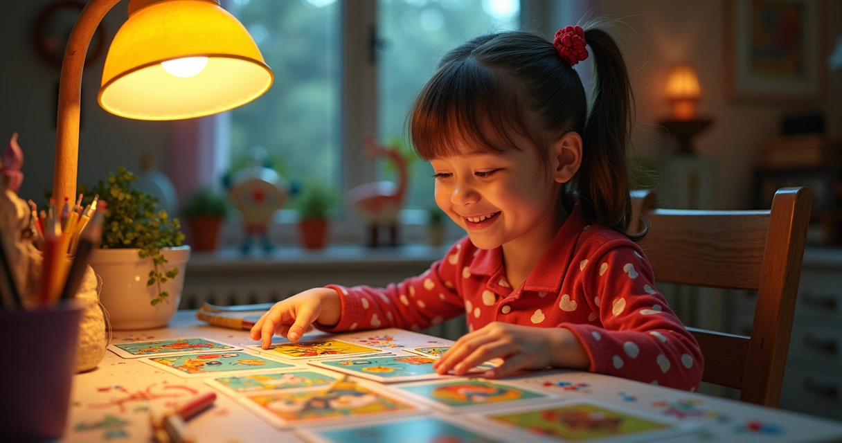 Criança sorridente brinca com cartas de tarot em mesa colorida 