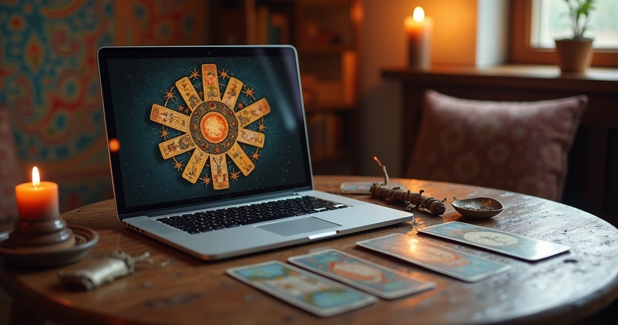 Mesa de tarot digital com cartas embaralhadas e um computador 