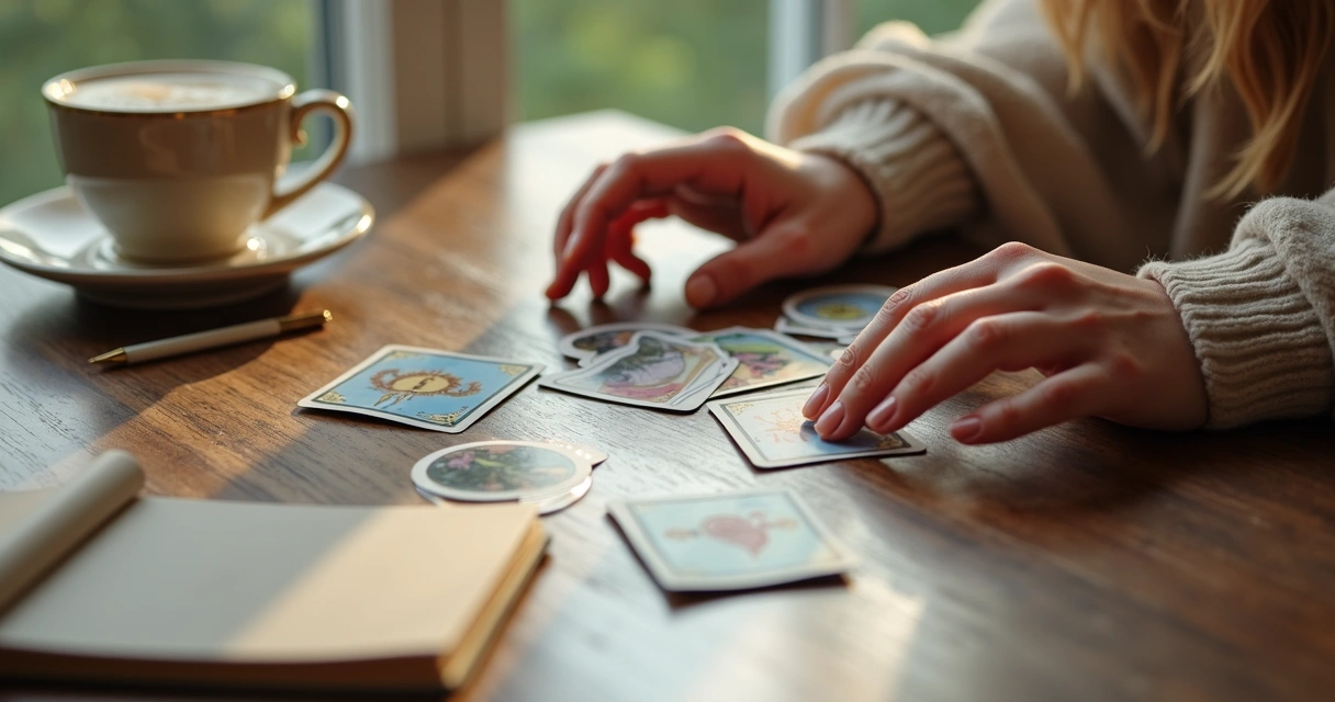 Mesa de tarot digital com cartas e mãos femininas 
