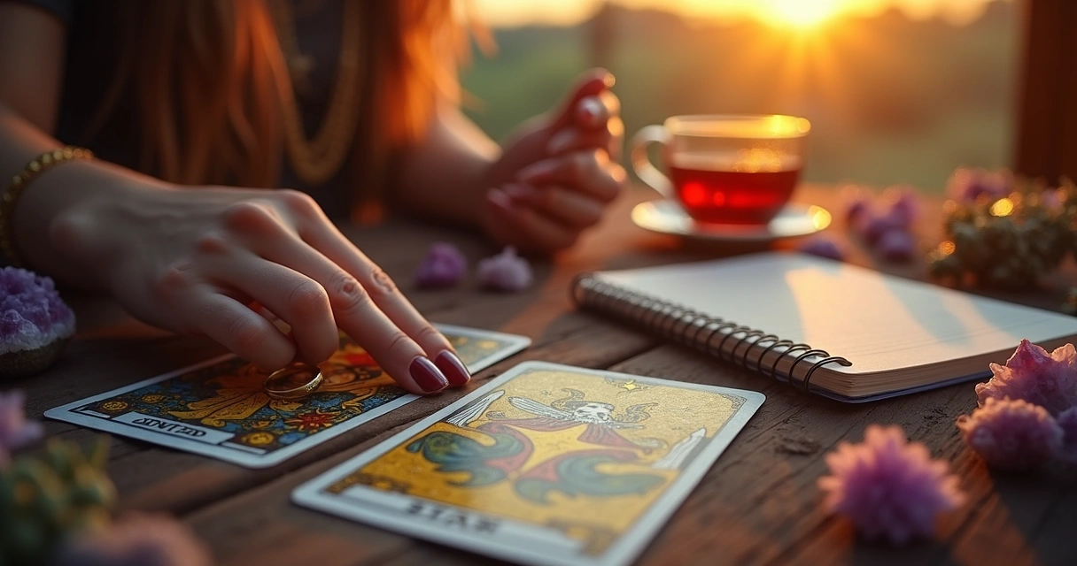 Cartas de tarot sobre uma mesa, com uma aliança ao lado