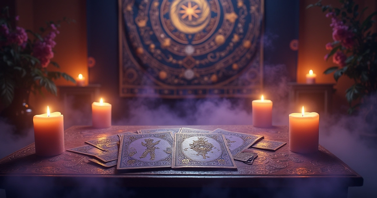 Uma mesa de tarot elegantemente decorada com velas, cartas místicas e um fundo celestial.