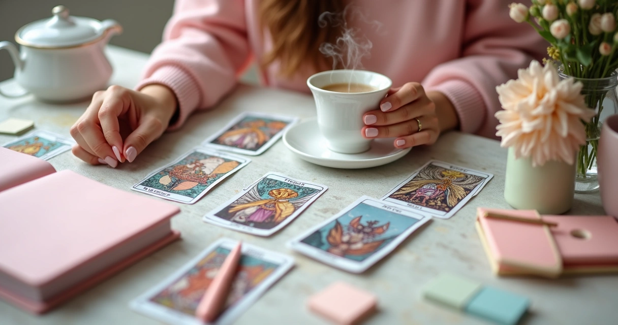 Mesa feminina com cartas de tarot, chá e agenda de negócios