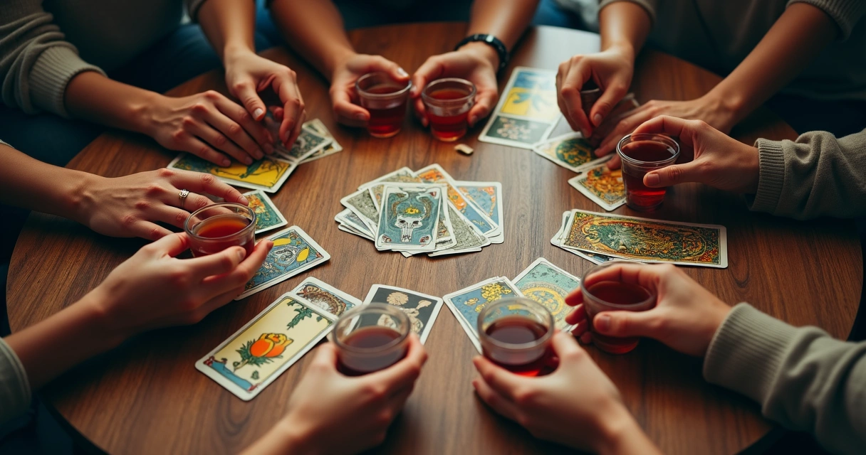 Mesa redonda com cartas de tarot e mãos de diferentes pessoas ao redor 