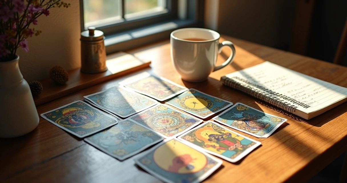 Baralho de tarot aberto sobre uma mesa com uma xícara de chá e caderno de anotações 