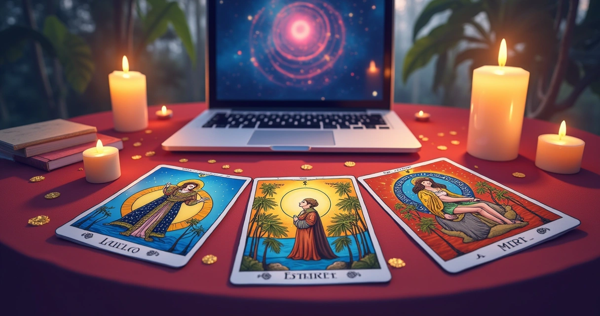 Ilustração de mesa de tarot com cartas vibrantes, um laptop mostrando site de tarot online e velas decorativas.