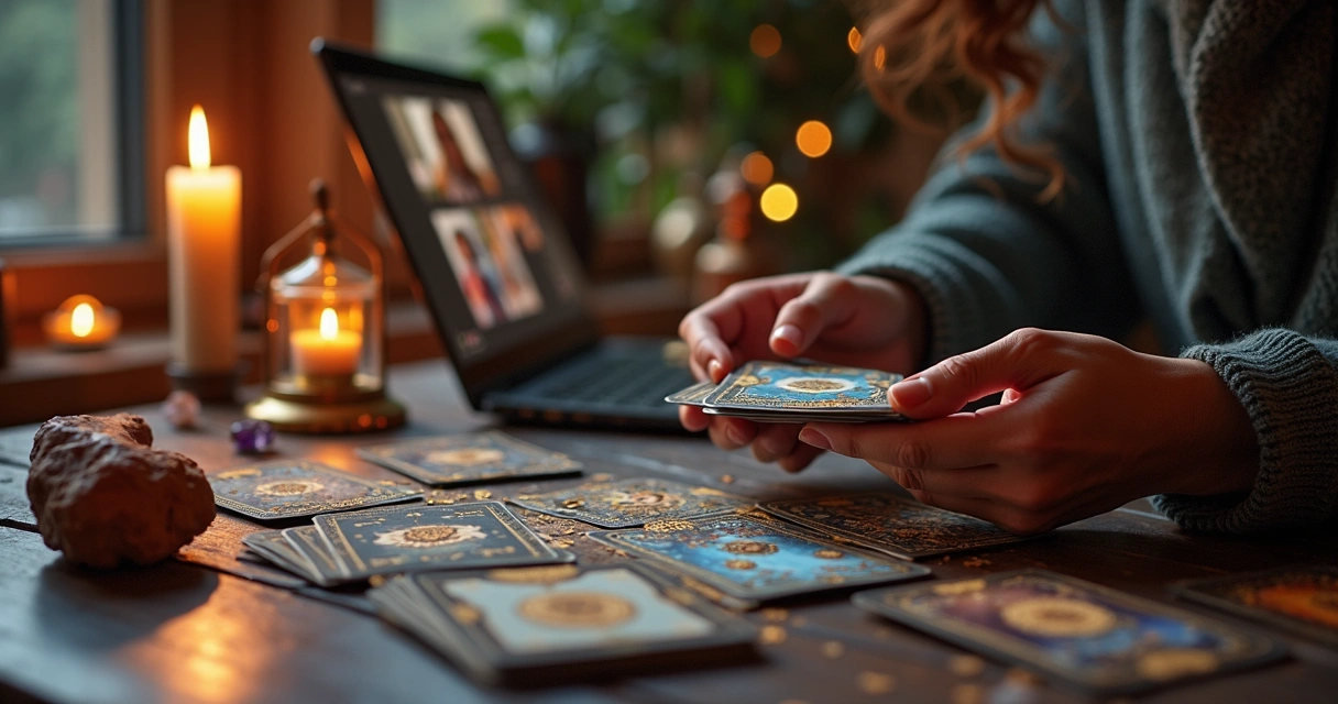 Mesa de tarot com cartas abertas e cristais ao lado