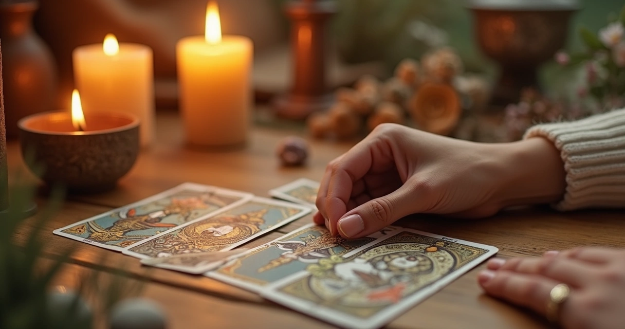 Cartas de tarot espalhadas em mesa de madeira com mão feminina sobre elas 
