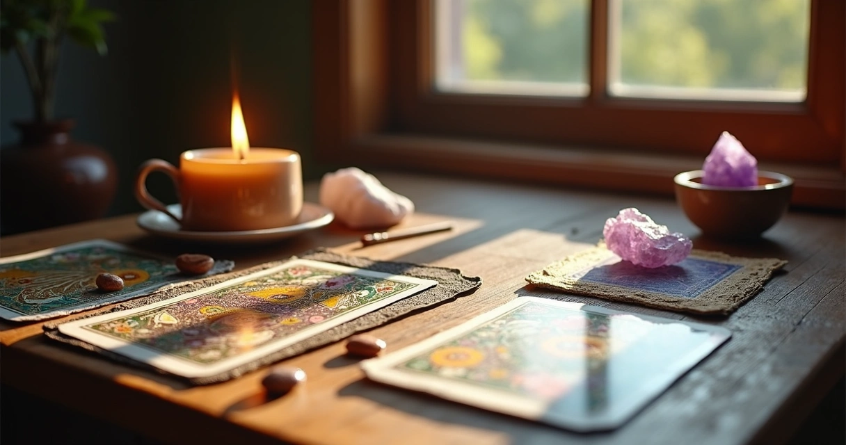 Mesa de tarot com cartas, pedras e luz natural