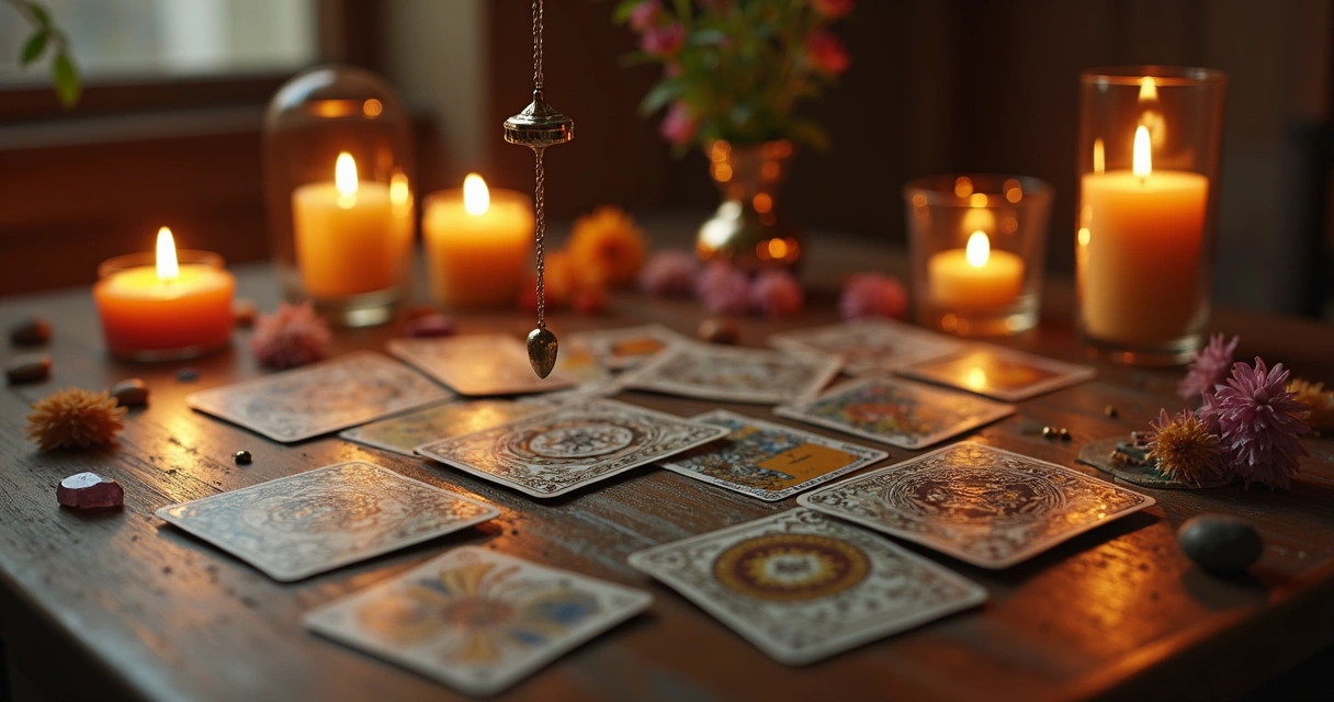 Mesa com cartas de tarot, um pêndulo e velas acesas 
